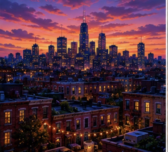 A NYC-style skyline at dusk over the Tenderhood rowhouses, warm and glowing.