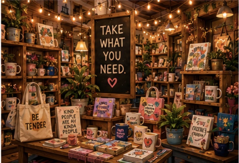 A whimsical boutique interior, shelves of mugs, prints, tote bags, and books, string lights overhead, a handwritten sign reading Take What You Need.