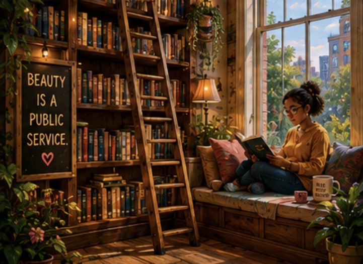A cozy floor-to-ceiling library reading nook, someone reading in a window seat, a rolling ladder, plants, a sign reading Beauty Is A Public Service.