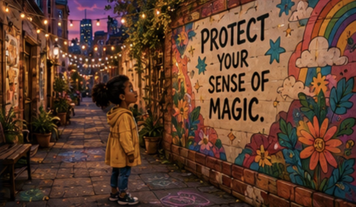A brick alley lined with murals of gentle reminders, string lights overhead, a child looking up at a mural that reads Protect Your Sense of Magic.