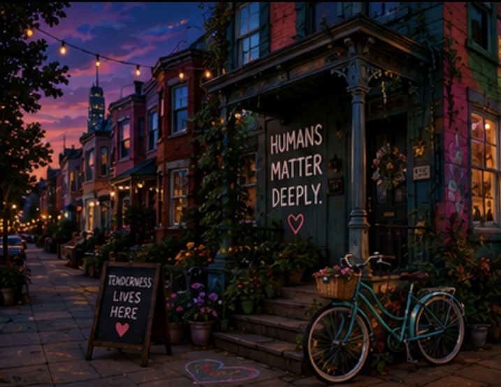 A colorful rowhouse on a Tenderhood street at dusk. Plants everywhere, string lights, a bicycle leaning on the porch, a hand-painted sign reading Humans Matter Deeply. The porch light is off.