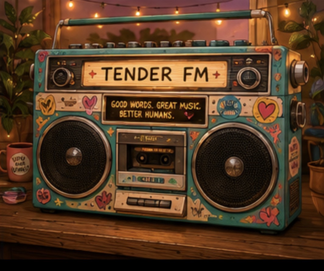 A vintage boombox radio, warm and colorful, illustrated in the Tenderhood style.