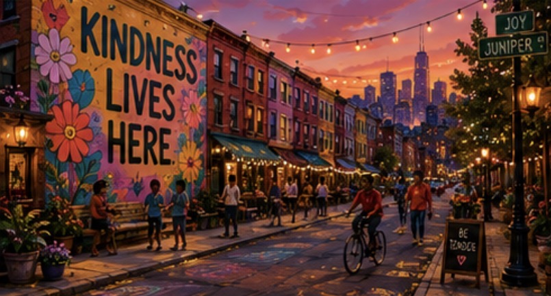 A vibrant Tenderhood street at dusk, colorful rowhouses, string lights, a mural reading Kindness Lives Here.